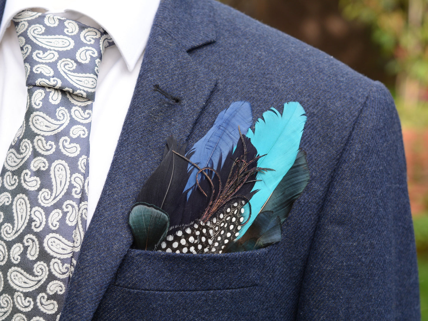 Turquoise, Navy Blue and Black Feather Pocket Square No.163 | Suit Accessory | Feather Neck Tie | Grooms Outfit | Groomsmen Gift