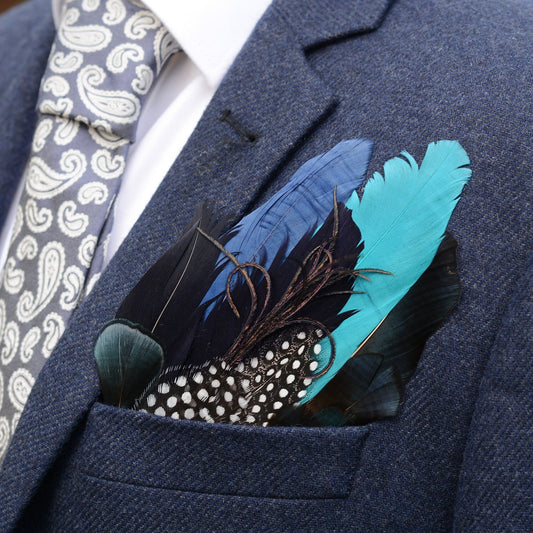 Turquoise, Navy Blue and Black Feather Pocket Square No.163 | Suit Accessory | Feather Neck Tie | Grooms Outfit | Groomsmen Gift