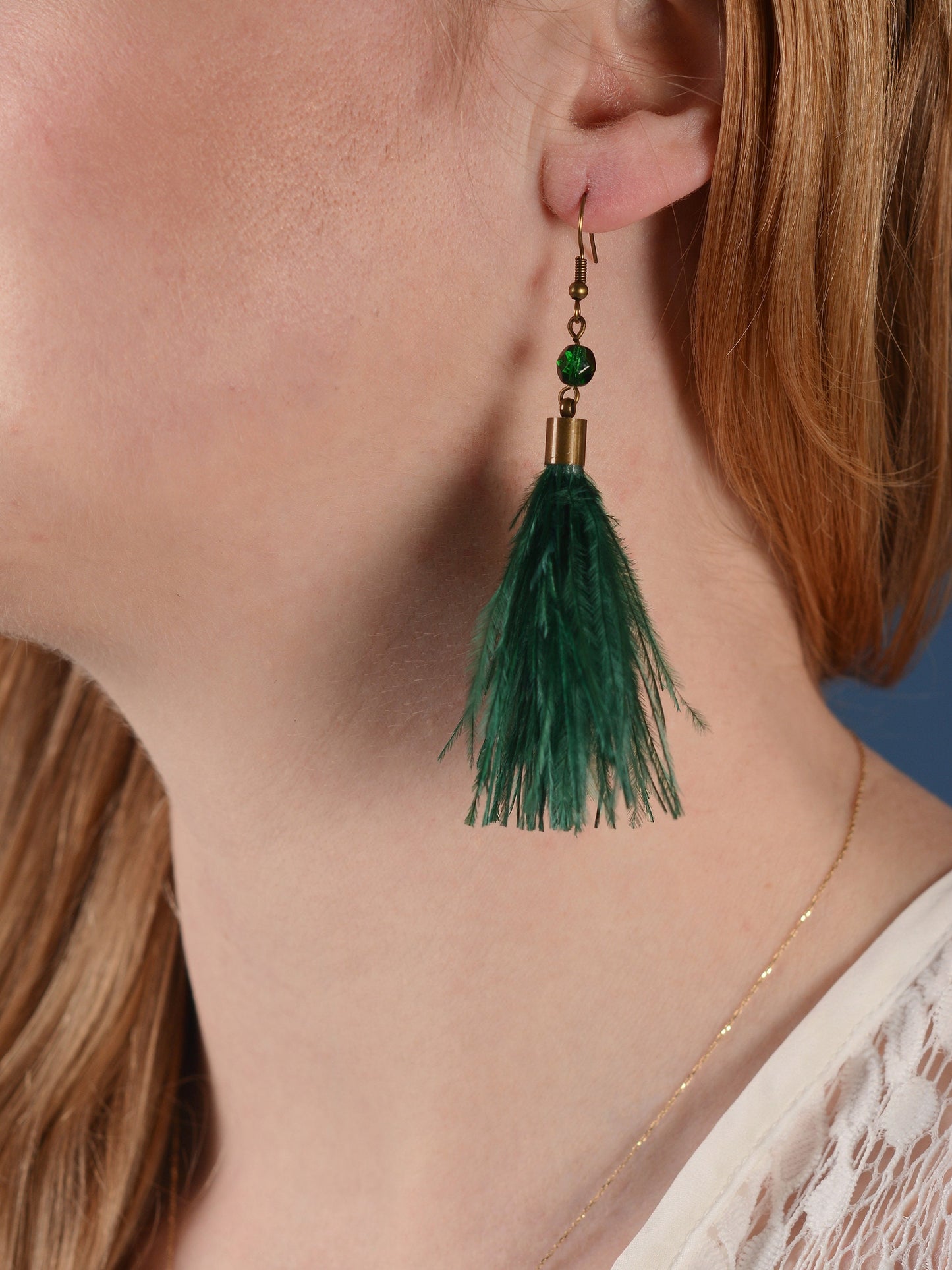 Emerald Green Ostrich Feather Tassel Long Earrings