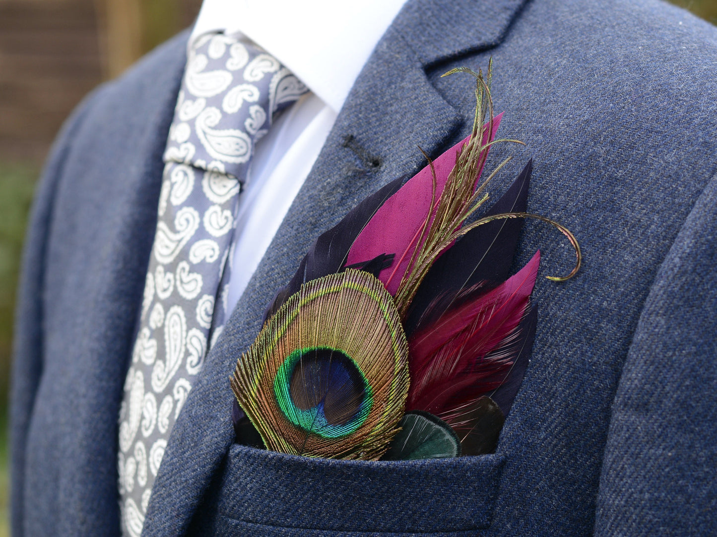 Plum Purple, Midnight Blue and Peacock Feather Pocket Square No.166 | Suit Accessory | Grooms Outfit | Groomsmen | Wedding