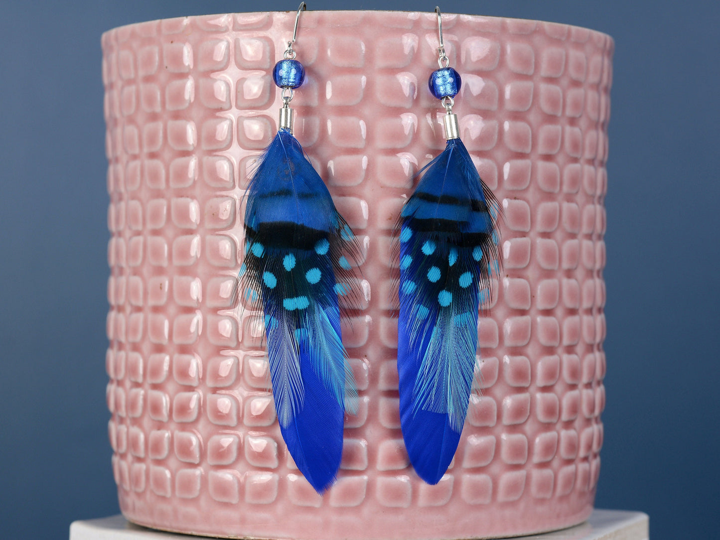 Bright Cobalt Blue Long Feather Earrings