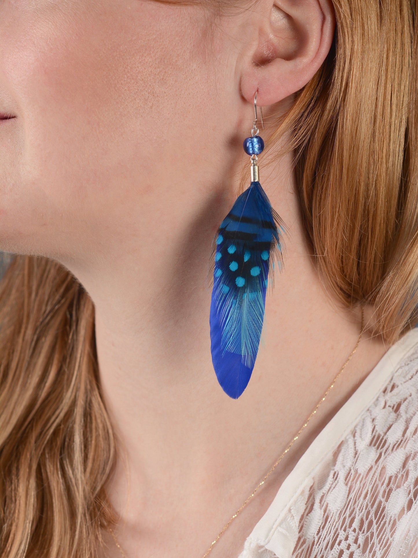 Bright Cobalt Blue Long Feather Earrings