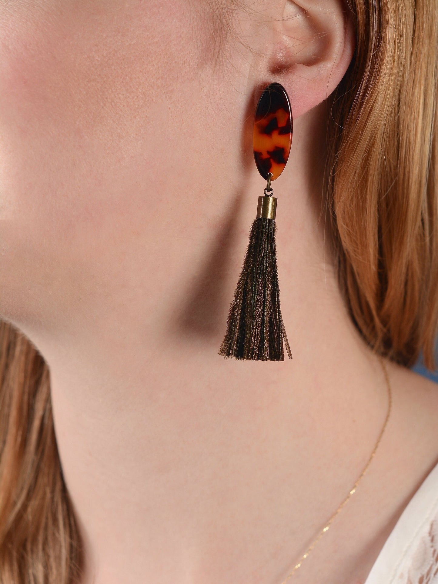 Tortoiseshell Acetate and Shimmering Green Peacock Feather Tassel Earrings No.2 | Festival Earrings | Feather Jewellery | Long Earrings