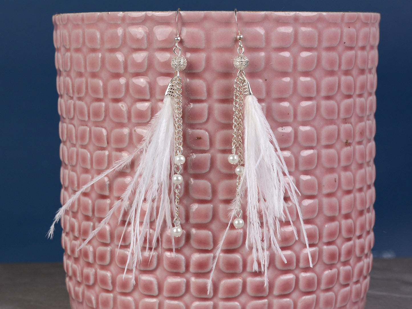 Bridal White Ostrich Feather Tassel Earrings with Pearls and Silver Beads