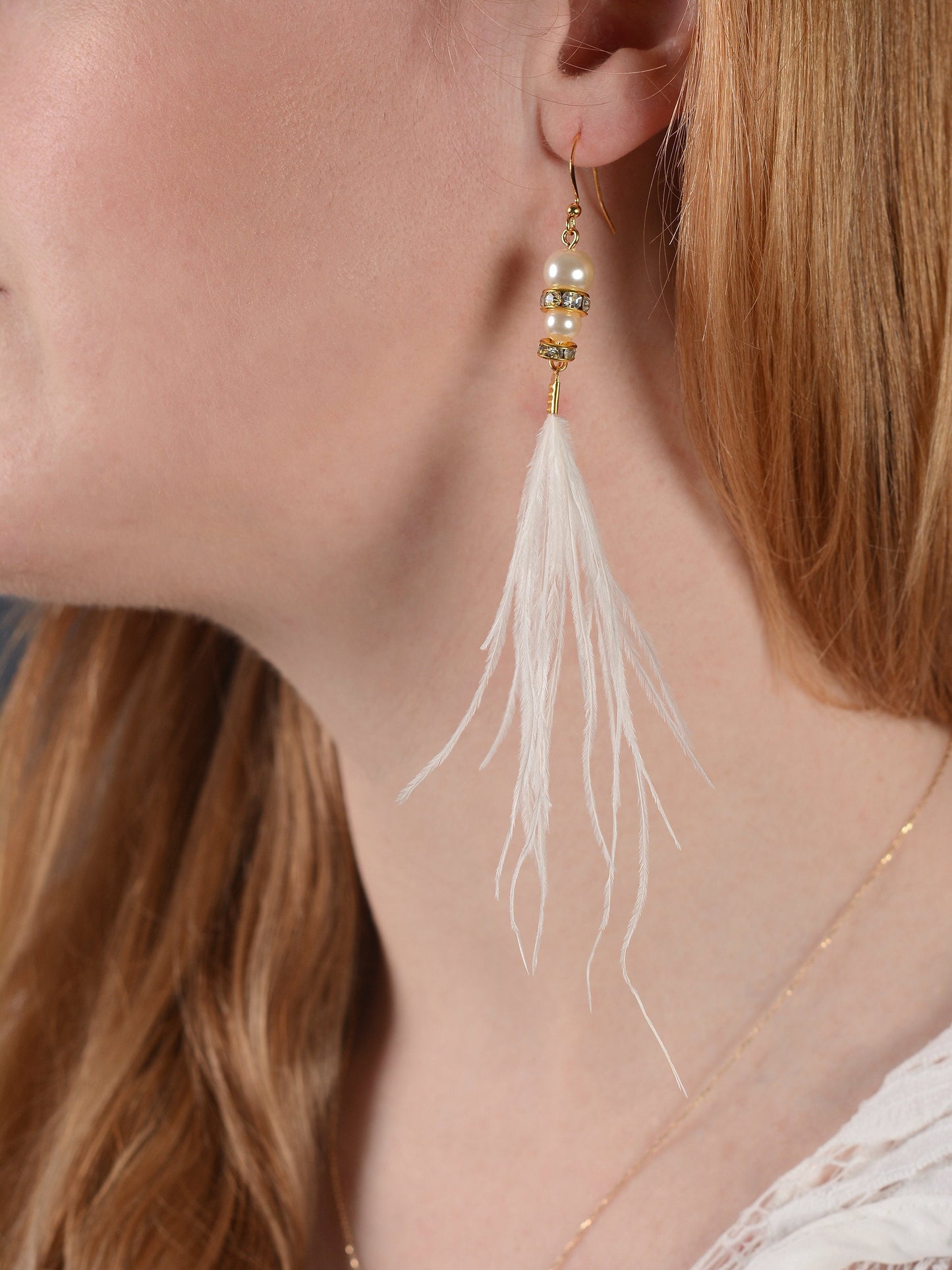 Long White Ostrich Feather Earrings with Pearl and Crystal Detail in Gold