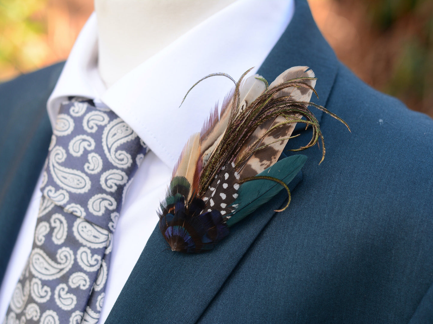 Navy Blue and Pheasant Feather Lapel Pin / Hat Pin No.162 | Unique Pheasant Feather Boutonniere | Duck Feather Brooch