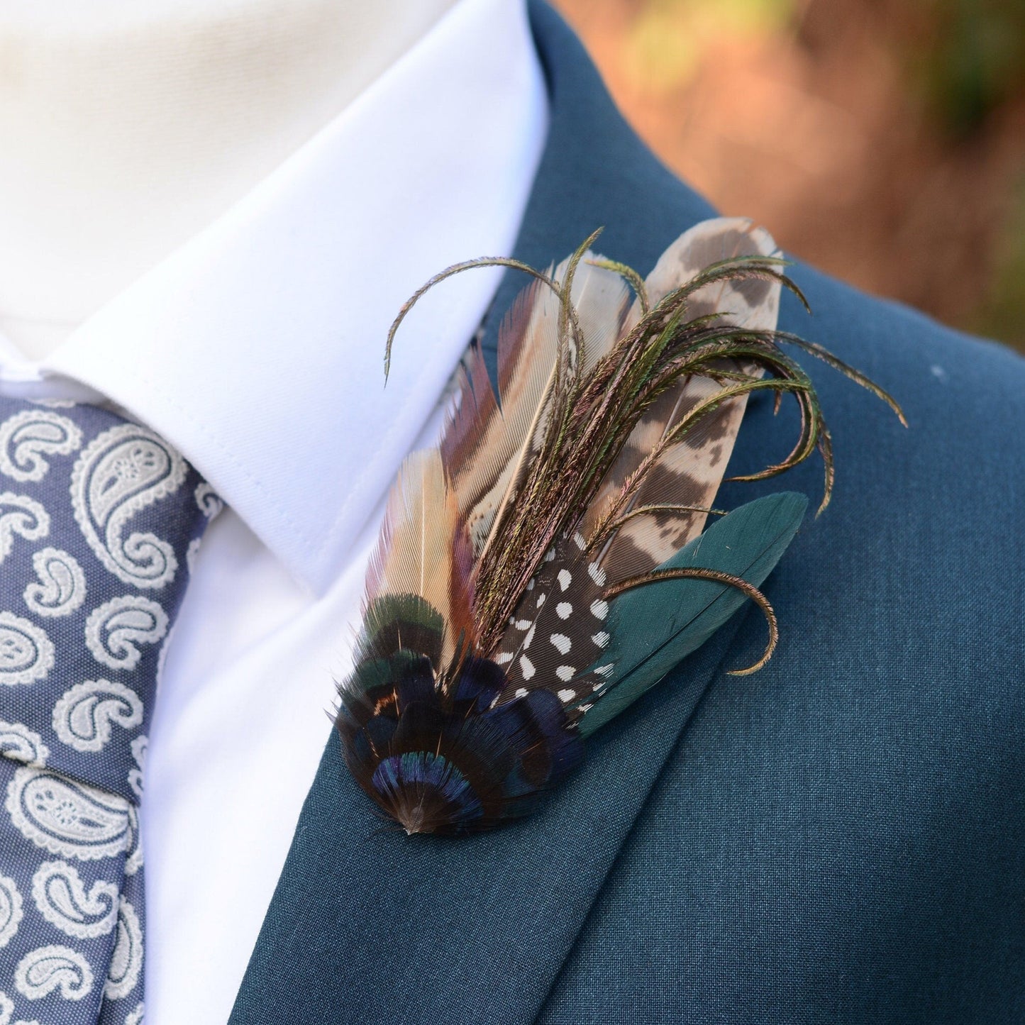 Navy Blue and Pheasant Feather Lapel Pin / Hat Pin No.162 | Unique Pheasant Feather Boutonniere | Duck Feather Brooch