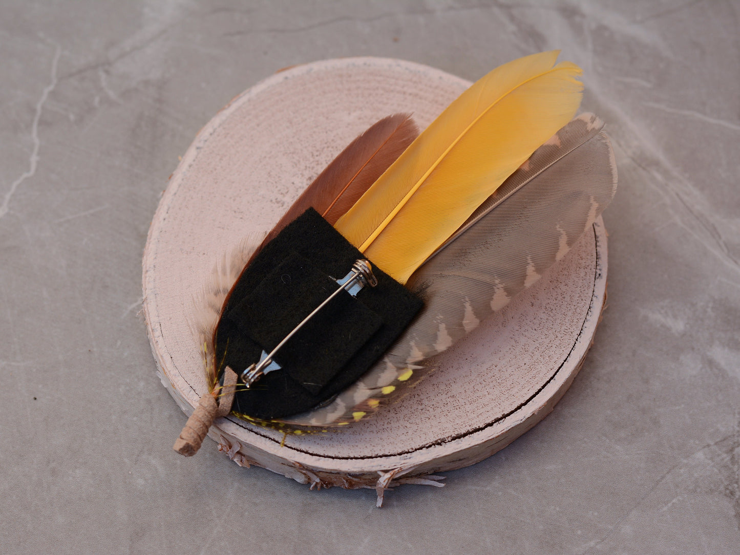 Mustard Yellow and Tan Brown Feather Pin No.200 | Feather Boutonnieres | Feather Hat Pin | Pheasant Feather Pin