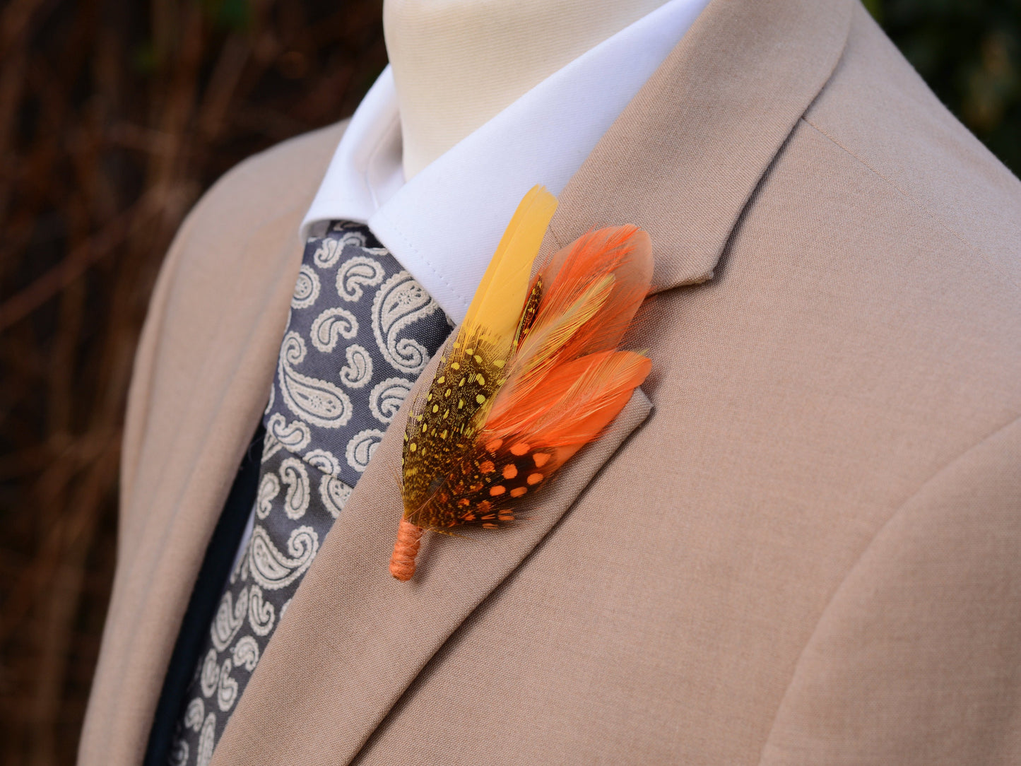 Bright Yellow and Orange Dyed Feather Pin Small no.210 | Pheasant Feather Boutonniere | Feather Brooch | Feather Hat Pin