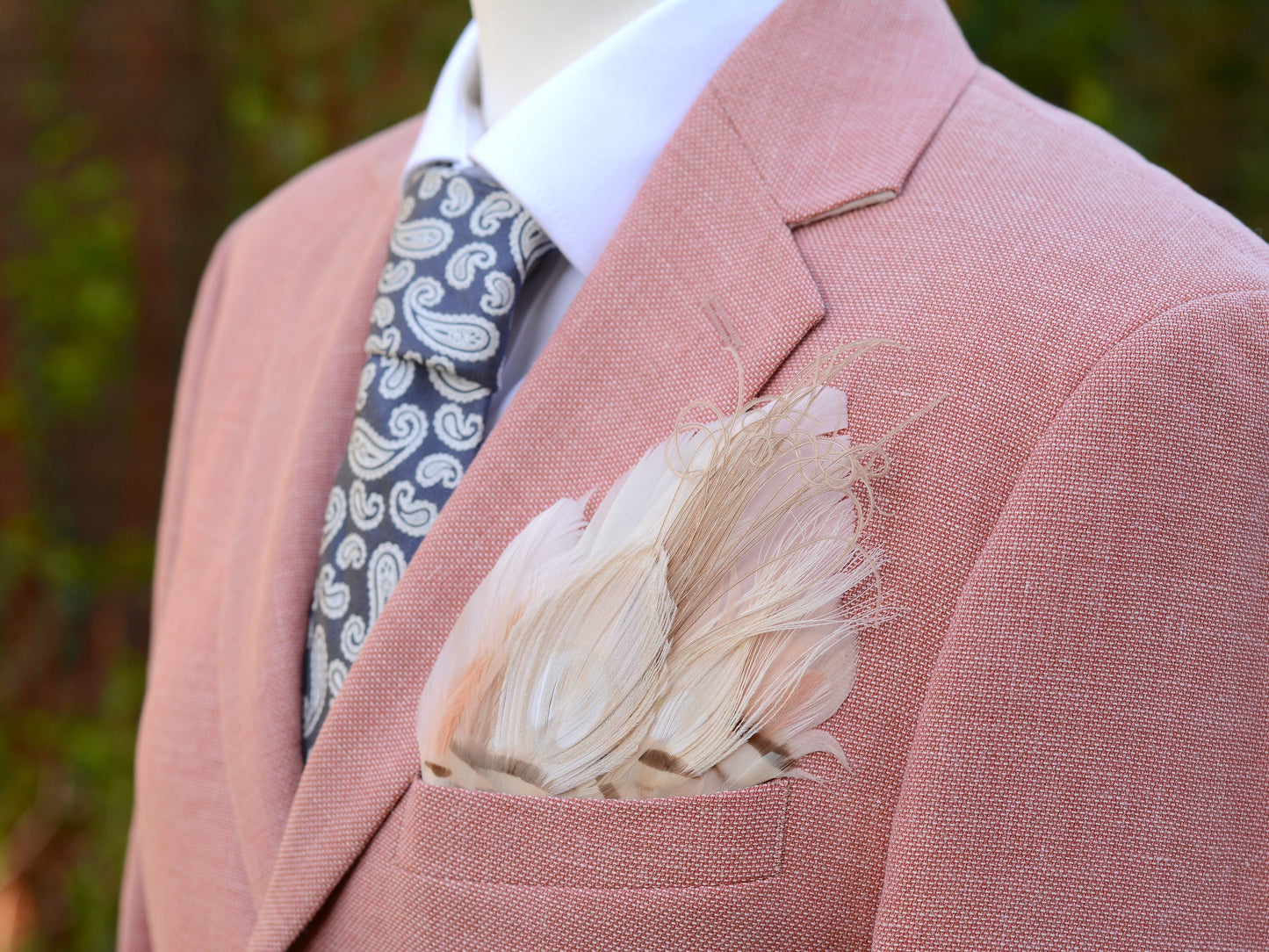 Ivory and Blush Pink Peacock Feather Pocket Square No.141 | Suit Accessory | Feather Neck Tie | Grooms Outfit | Groomsmen Gift | Wedding
