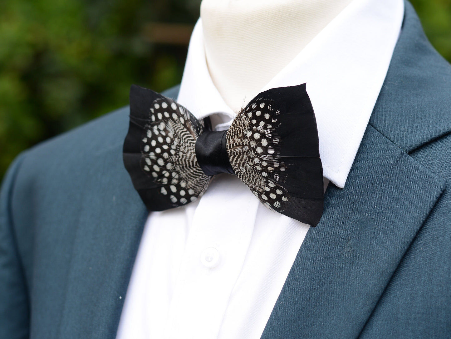 Feather Bow Tie in Black and Polka Dot | Grooms Outfit | Feather Neck Tie | Mens Gift | Black Tie | Wedding | Pheasant Feather Bow Tie