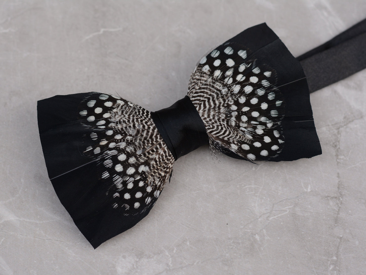Feather Bow Tie in Black and Polka Dot | Grooms Outfit | Feather Neck Tie | Mens Gift | Black Tie | Wedding | Pheasant Feather Bow Tie