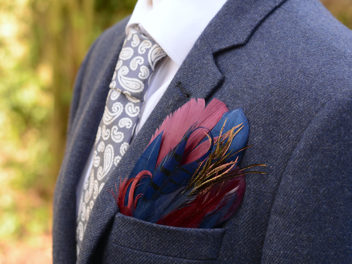 Navy Blue and Burgundy Goose and Pheasant Feather Pocket Square No.183 | Suit Accessory | Feather Neck Tie | Grooms Outfit | Groomsmen Gift