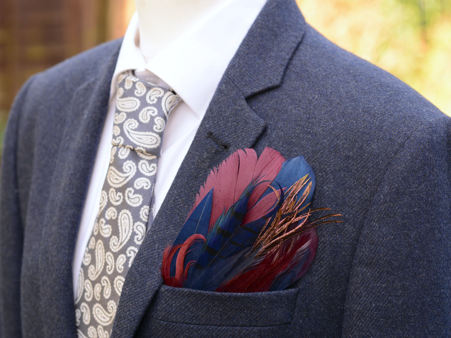 Navy Blue and Burgundy Goose and Pheasant Feather Pocket Square No.183 | Suit Accessory | Feather Neck Tie | Grooms Outfit | Groomsmen Gift