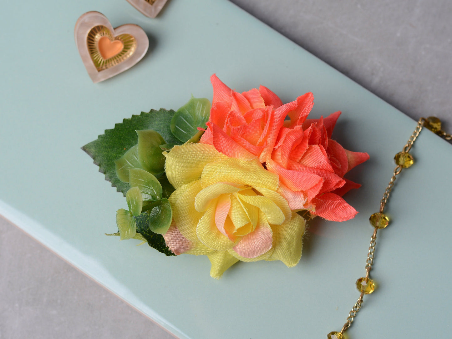 Flower Hair Clip in Yellow and Orange Roses | Tropical Hair Clip | Bridesmaids Clip | Bridal Hair Clip | Flower Bun Clip