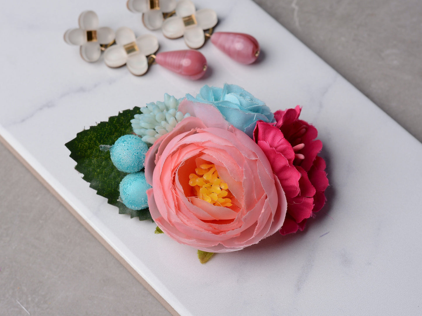 Flower Hair Clip in Pink and Blue | Silk Flower Hair Clip | Bridal Hair Clip | Bridesmaids Hair Clip | Floral Headpiece | Flower Girl