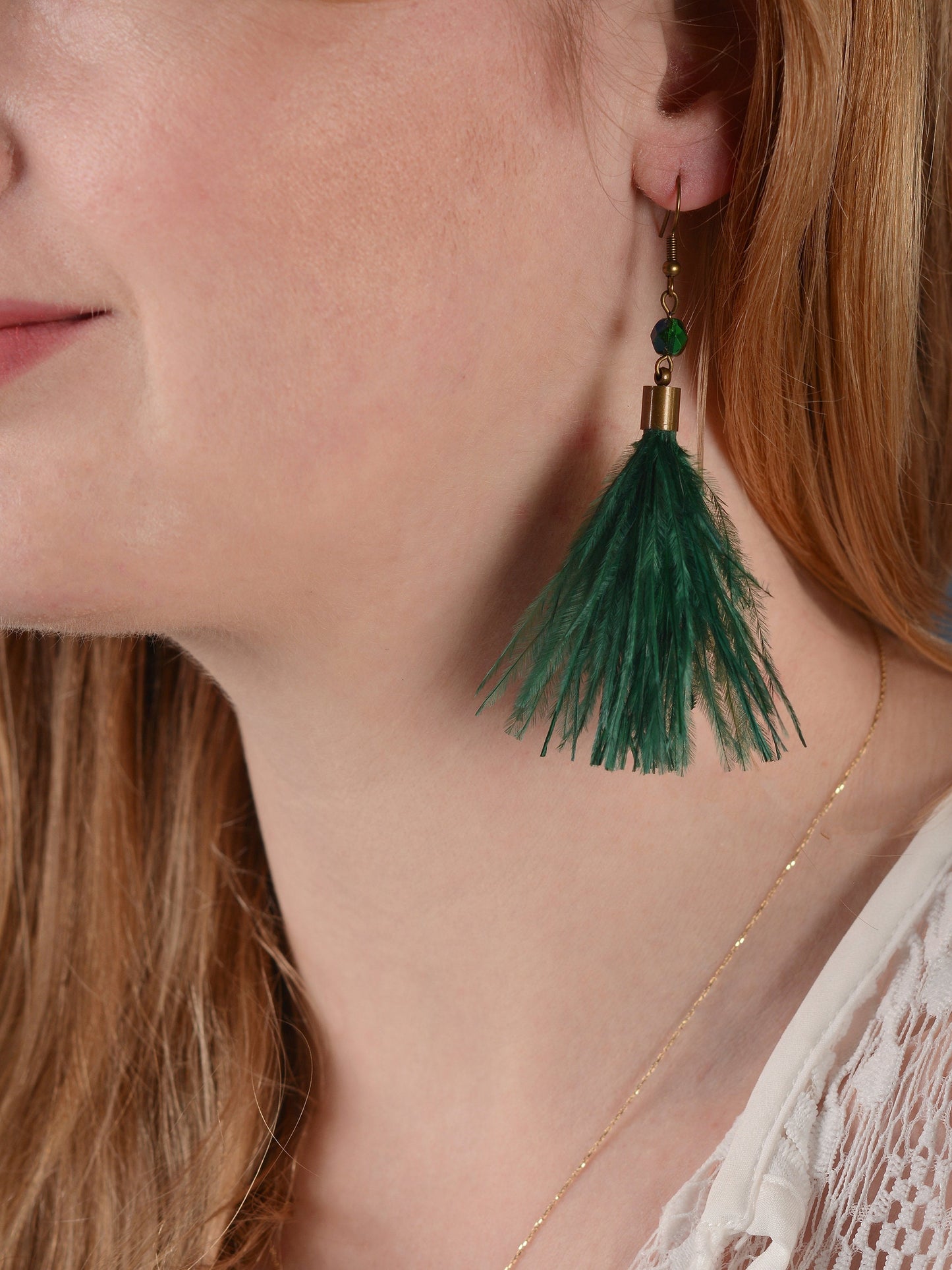 Emerald Green Ostrich Feather Tassel Long Earrings