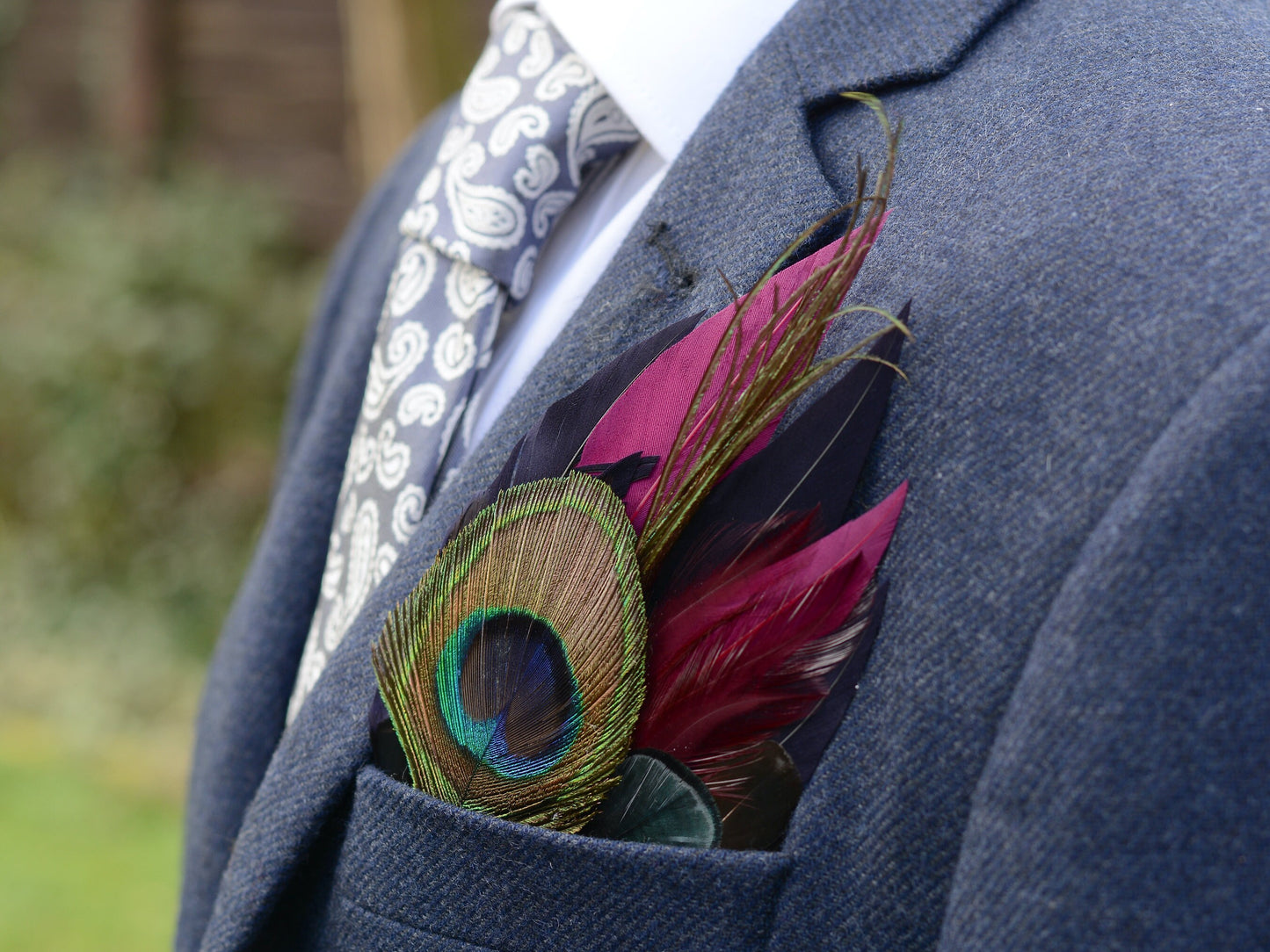 Plum Purple, Midnight Blue and Peacock Feather Pocket Square No.166 | Suit Accessory | Grooms Outfit | Groomsmen | Wedding