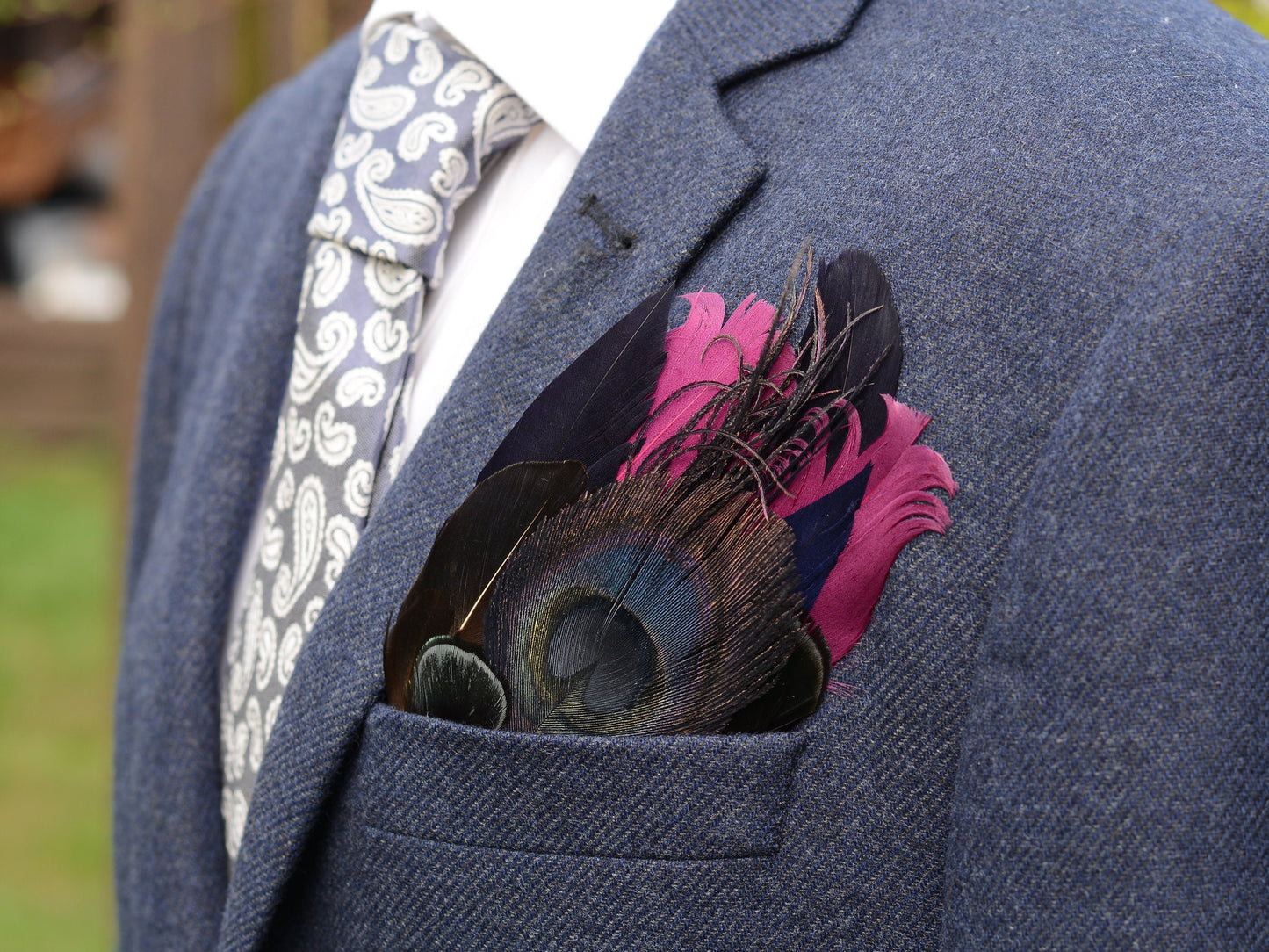 Deep Black, Navy and Purple Feather Pocket Square No.164 | Suit Accessory | Feather Neck Tie | Grooms Outfit | Groomsmen Gift