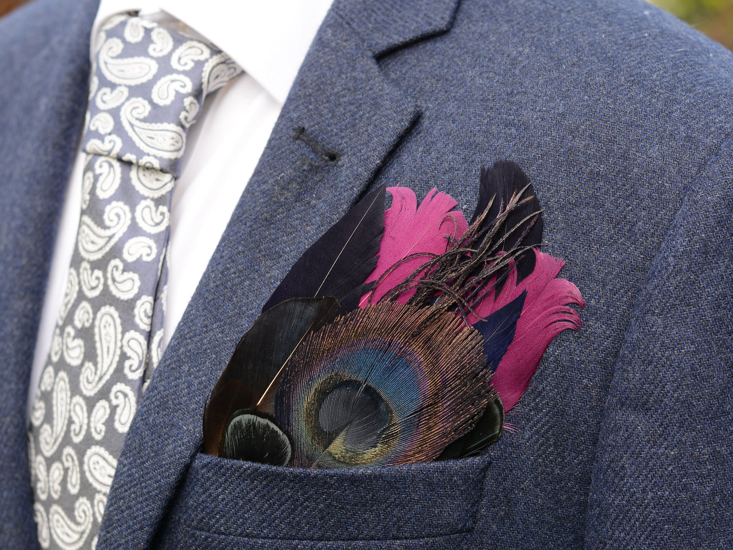 Deep Black, Navy and Purple Feather Pocket Square No.164 | Suit Accessory | Feather Neck Tie | Grooms Outfit | Groomsmen Gift