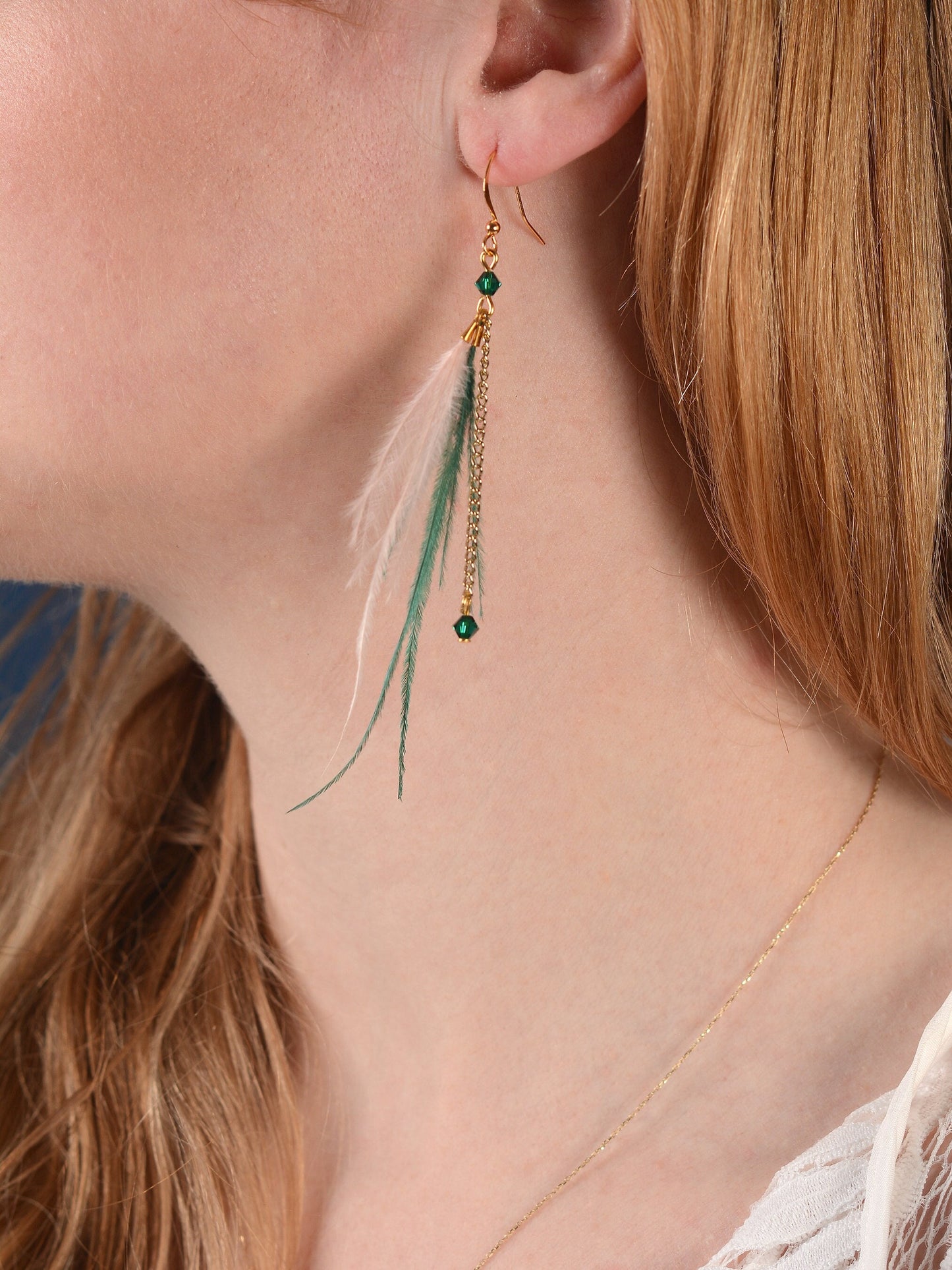 Delicate Emerald Green and Blush Pink Ostrich FeatherTassel Earrings