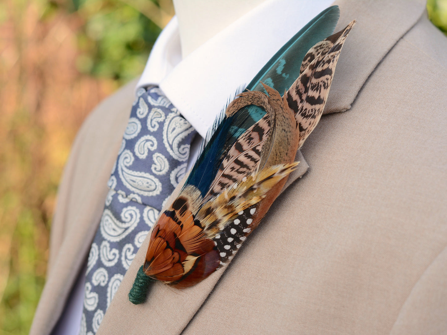 Pheasant Feather Hat Pin in Gren and Coper No.304 | Unique Pheasant Feather Boutonniere | Feather Brooch