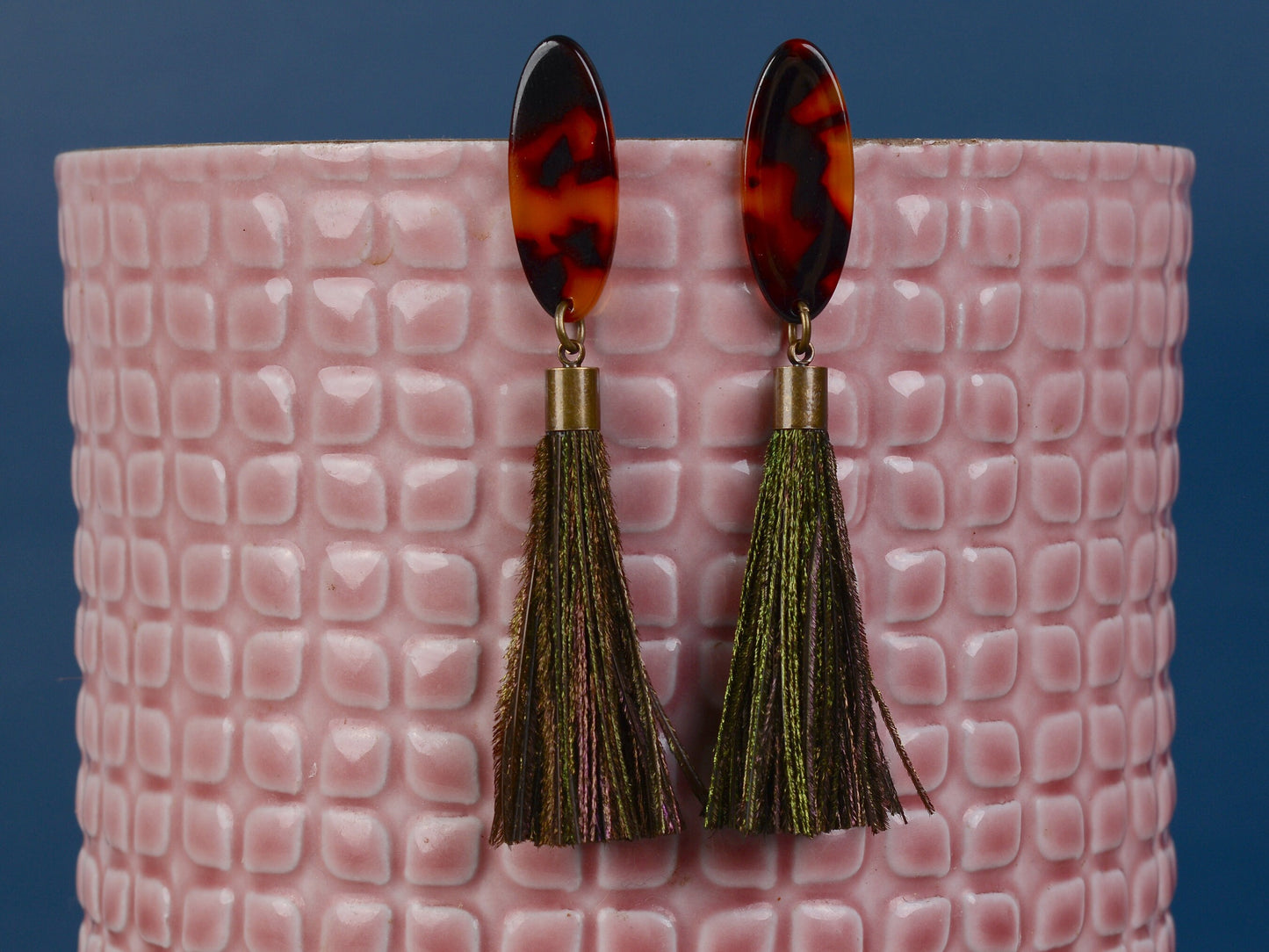 Tortoiseshell Acetate and Shimmering Green Peacock Feather Tassel Earrings No.2 | Festival Earrings | Feather Jewellery | Long Earrings