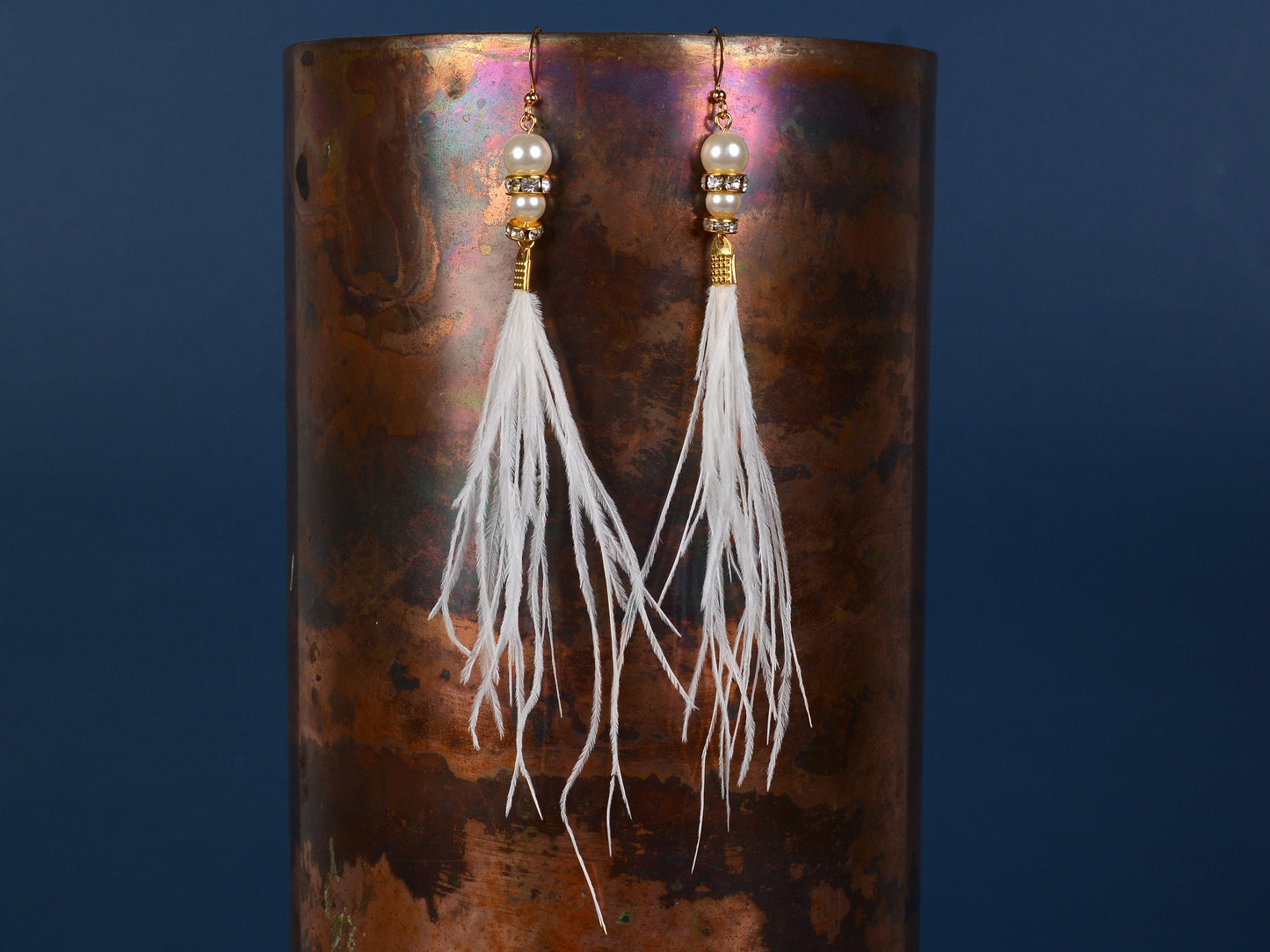 Long White Ostrich Feather Earrings with Pearl and Crystal Detail in Gold