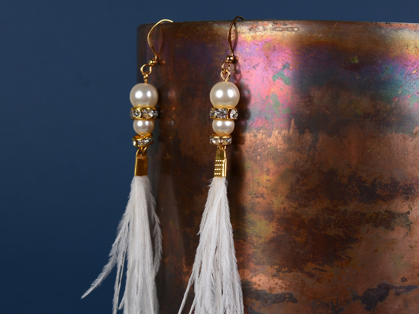 Long White Ostrich Feather Earrings with Pearl and Crystal Detail in Gold