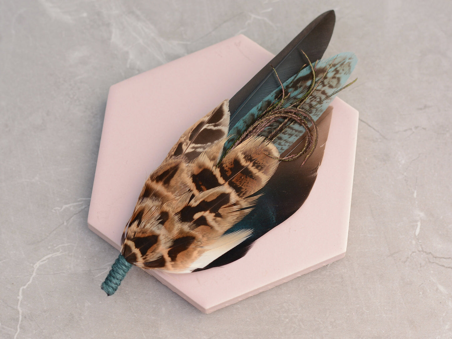 Teal Pheasant and Duck Feather Lapel Pin No.293 | Unique Duck Feather Boutonniere