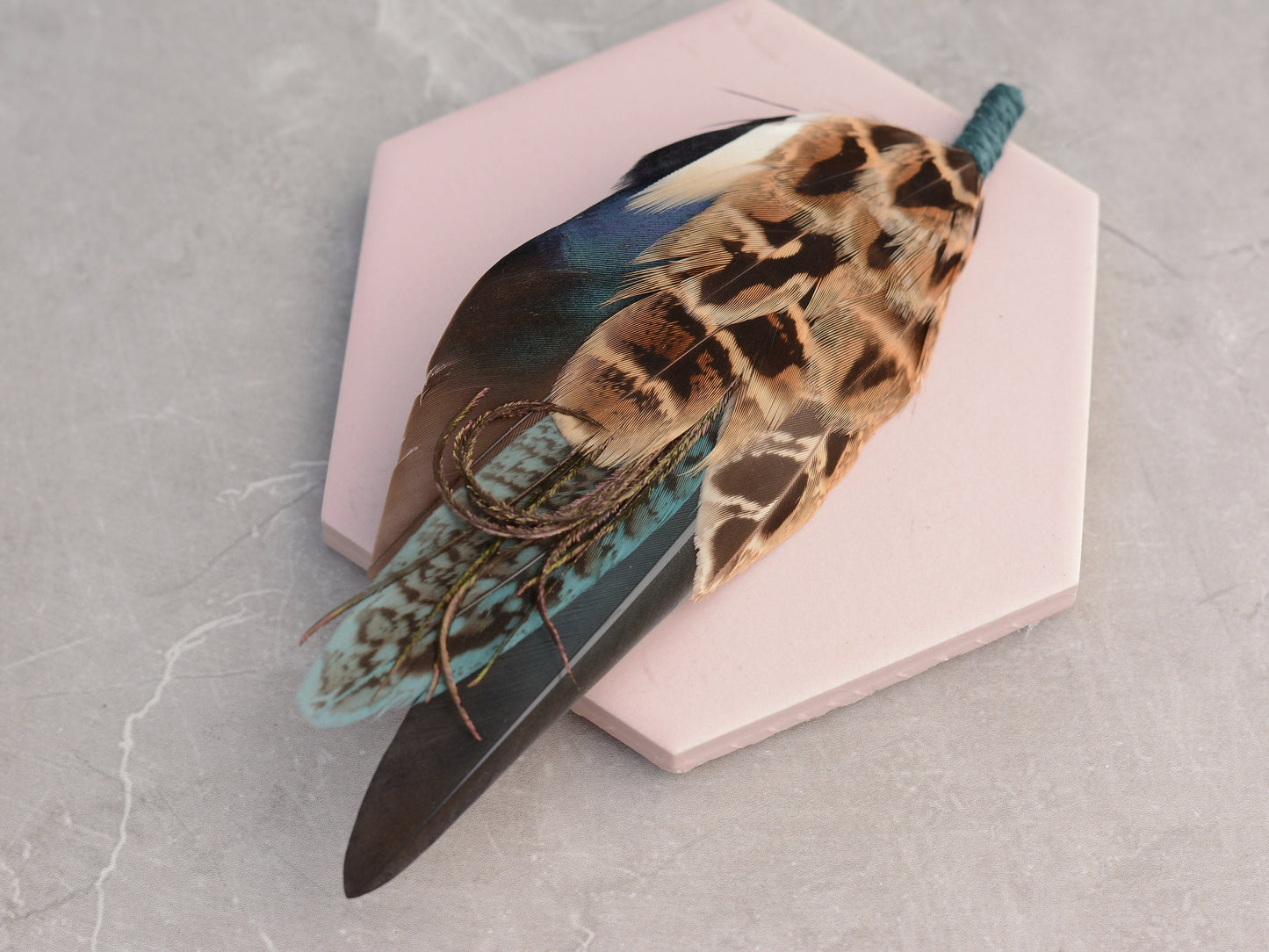 Teal Pheasant and Duck Feather Lapel Pin No.293 | Unique Duck Feather Boutonniere