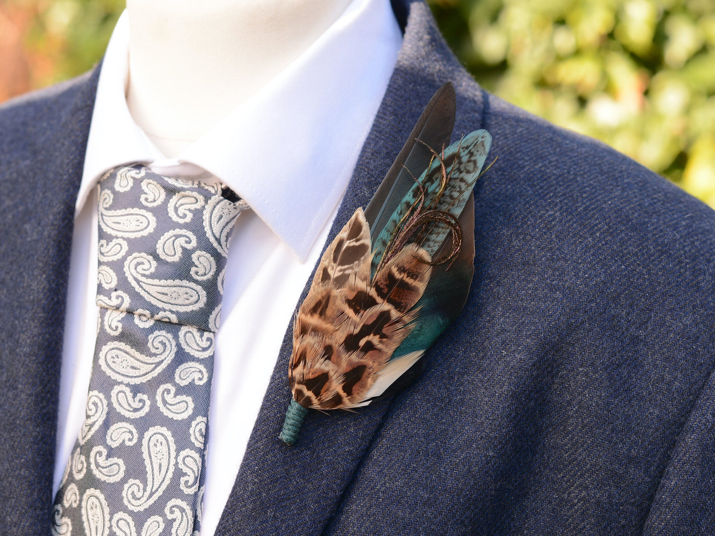 Teal Pheasant and Duck Feather Lapel Pin No.293 | Unique Duck Feather Boutonniere