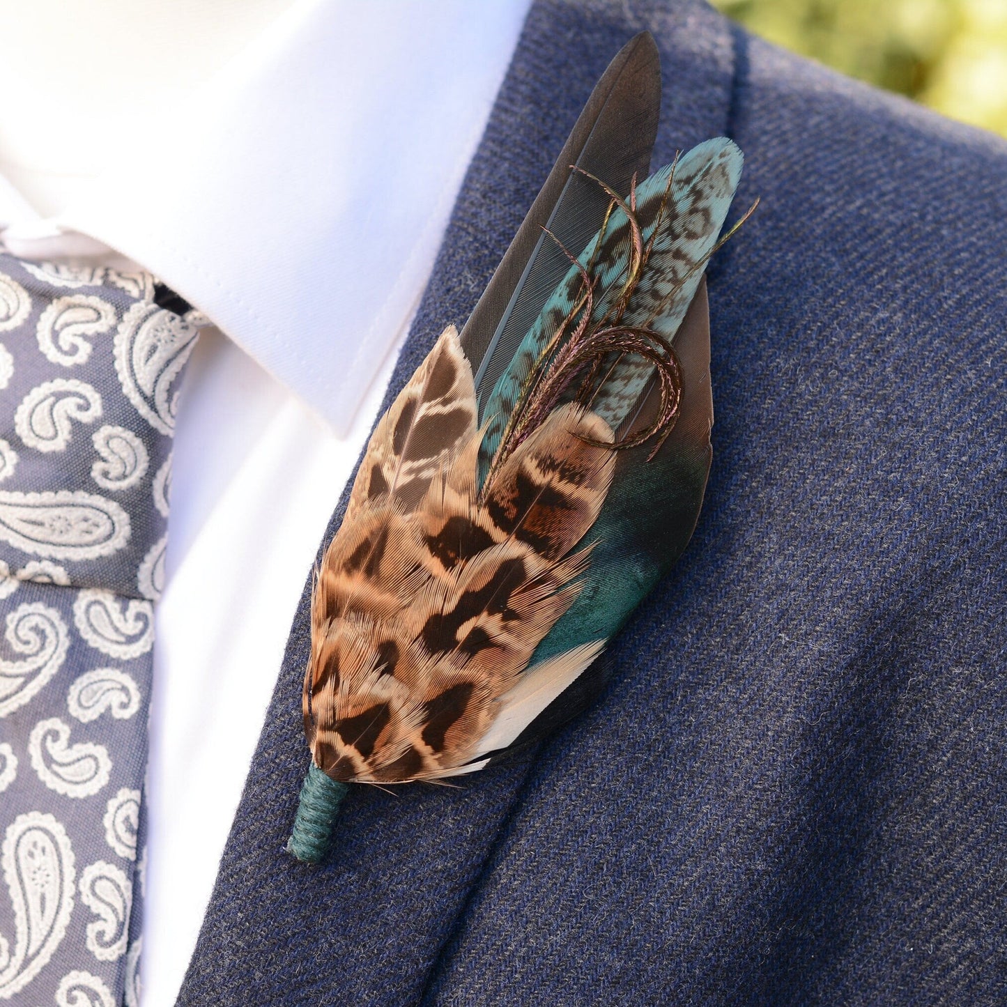 Teal Pheasant and Duck Feather Lapel Pin No.293 | Unique Duck Feather Boutonniere