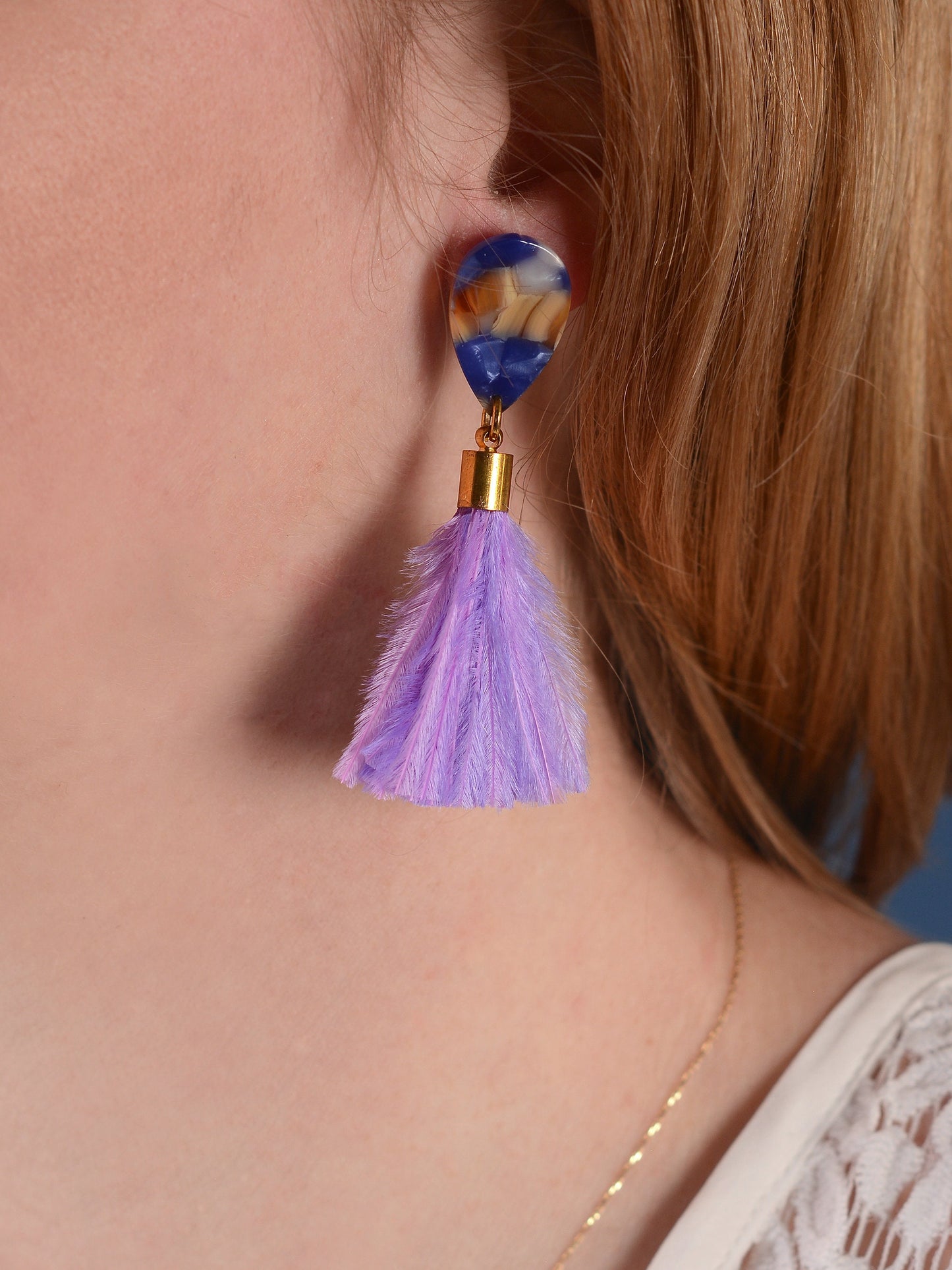 Statement Acetate Teardrop and Ostrich Feather Lilac Tassel Earrings