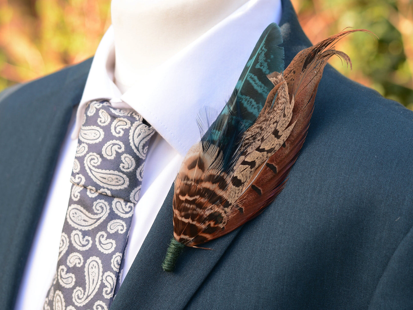 Feather Brooch Hat Pin in Natural Pheasant and Green No.302 | Unique Pheasant Feather Boutonniere