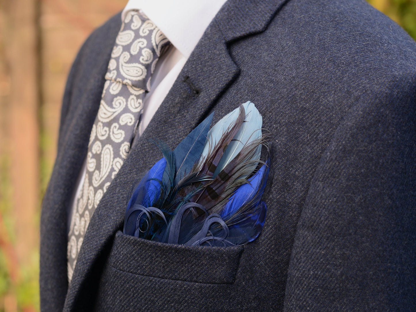 Shades of Blue Goose and Pheasant Feather Pocket Square No.177 | Suit Accessory | Feather Neck Tie | Grooms Outfit | Groomsmen Gift