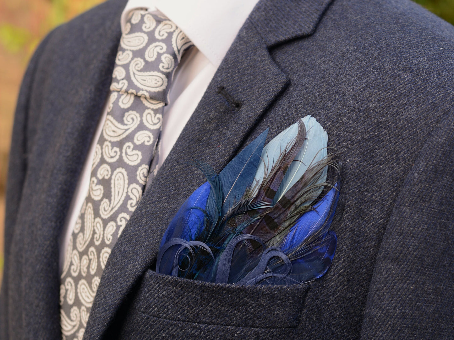 Shades of Blue Goose and Pheasant Feather Pocket Square No.177 | Suit Accessory | Feather Neck Tie | Grooms Outfit | Groomsmen Gift