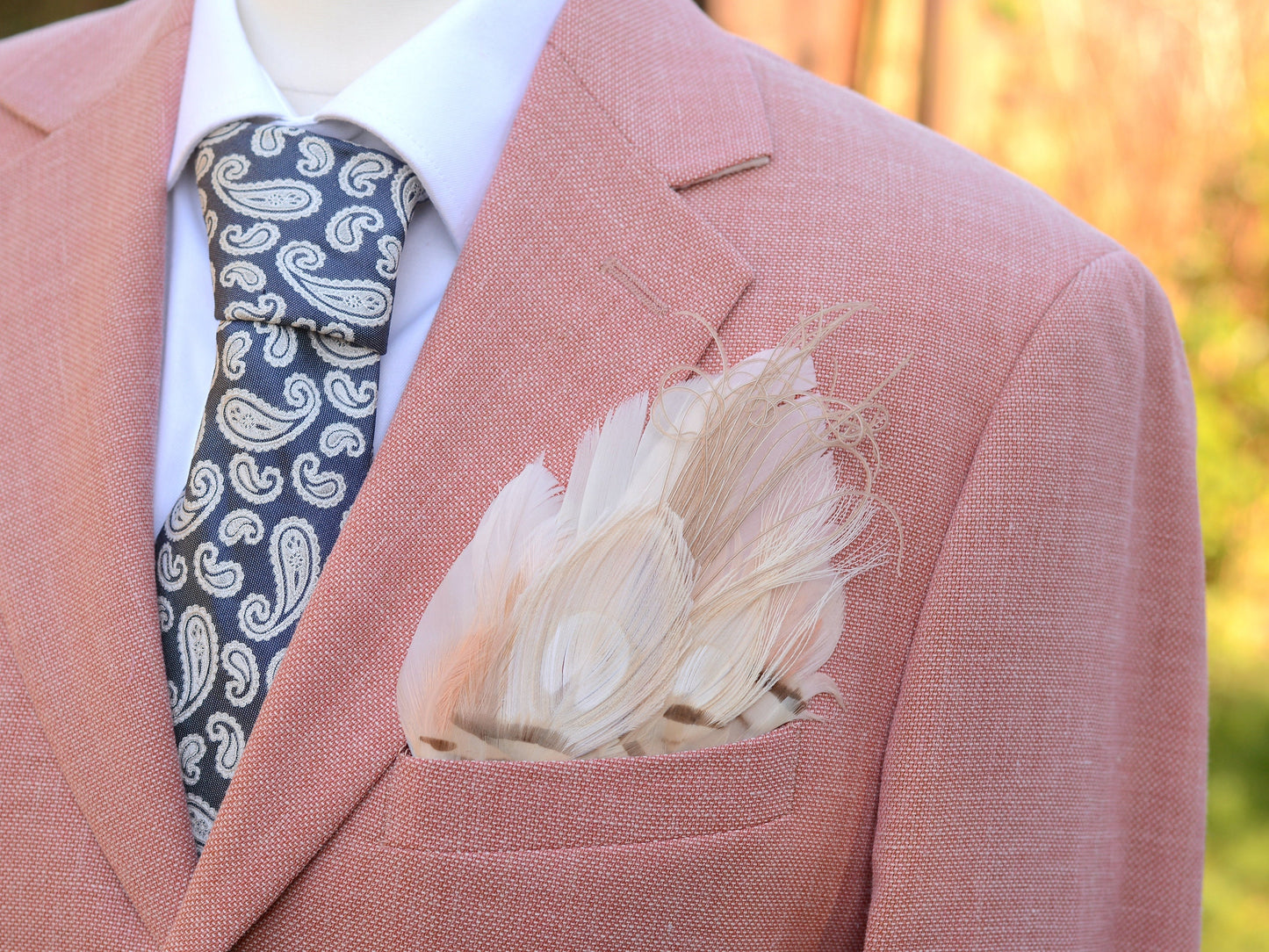 Ivory and Blush Pink Peacock Feather Pocket Square No.141 | Suit Accessory | Feather Neck Tie | Grooms Outfit | Groomsmen Gift | Wedding
