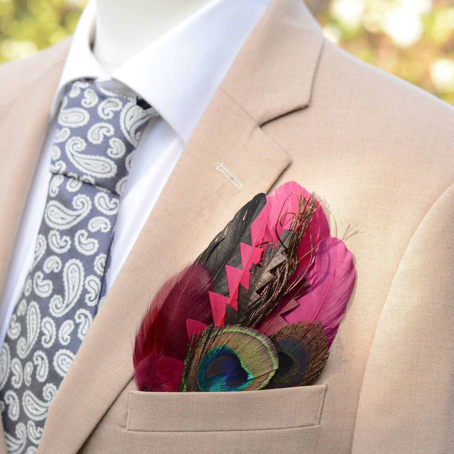 Burgundy, Black and Peacock Feather Pocket Square No.245 Suit Accessory