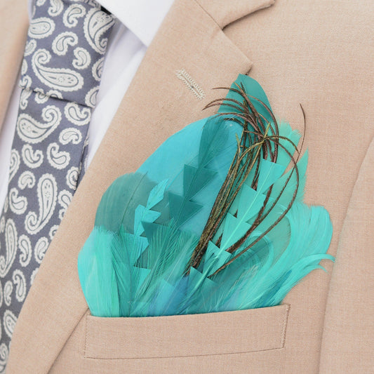 Turquoise, Teal and Green Feather Pocket Square No.213 Suit Accessory