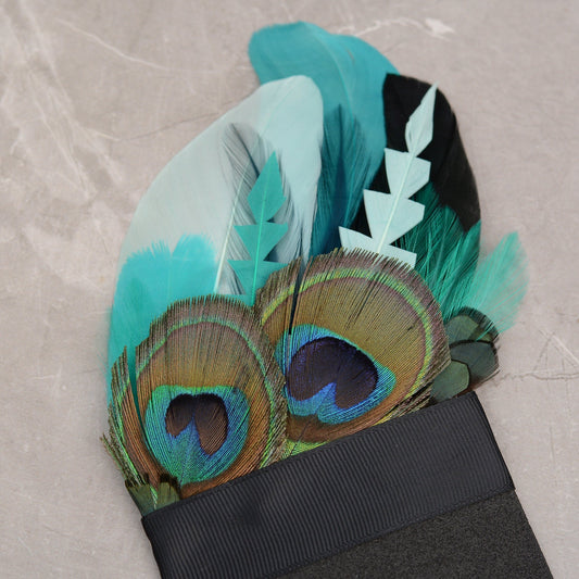 Shades of Teal and Green Peacock Eye Feather Pocket Square No.204 | Suit Accessory