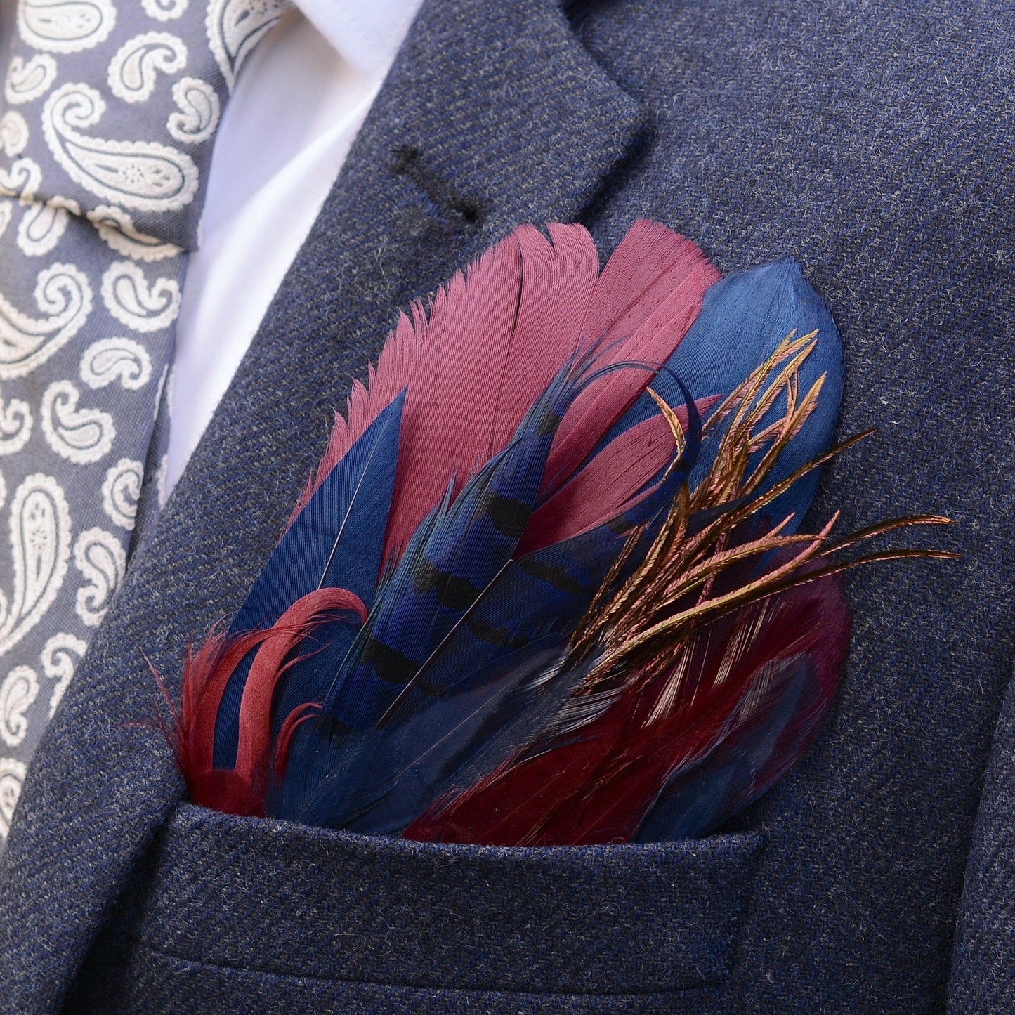 Navy Blue and Burgundy Goose and Pheasant Feather Pocket Square No.183 | Suit Accessory | Feather Neck Tie | Grooms Outfit | Groomsmen Gift