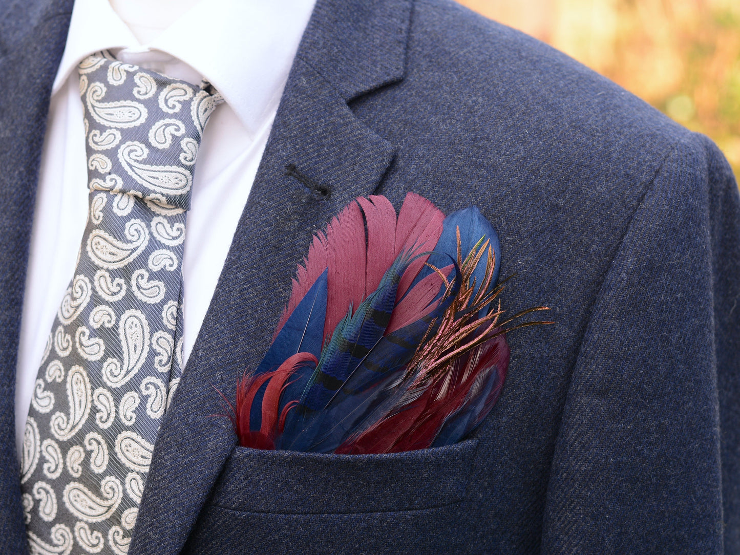 Navy Blue and Burgundy Goose and Pheasant Feather Pocket Square No.183 | Suit Accessory | Feather Neck Tie | Grooms Outfit | Groomsmen Gift