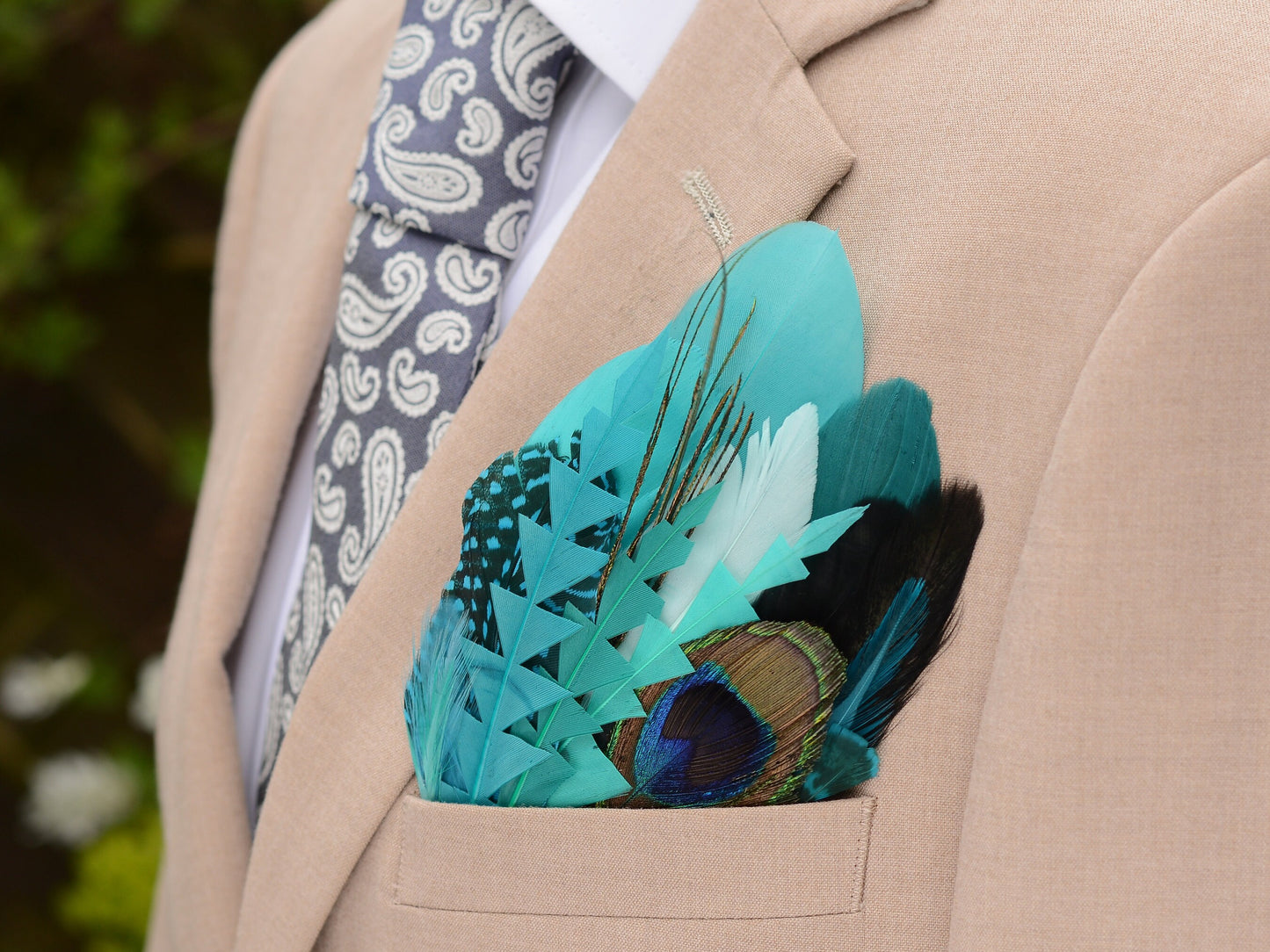 Shades of Teal and Turquoise Peacock Eye Feather Pocket Square No.223 | Suit Accessory