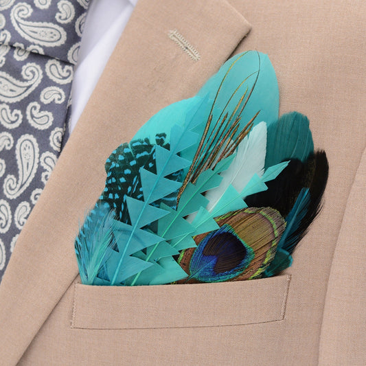 Shades of Teal and Turquoise Peacock Eye Feather Pocket Square No.223 | Suit Accessory