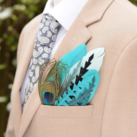 Teal, Green and Black Peacock Feather Pocket Square No.228 | Suit Accessory