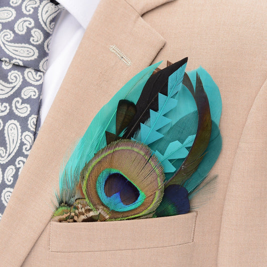 Shades of Teal and Turquoise Peacock Eye Feather Pocket Square No.236 | Suit Accessory