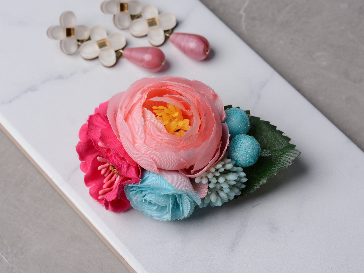 Flower Hair Clip in Pink and Blue | Silk Flower Hair Clip | Bridal Hair Clip | Bridesmaids Hair Clip | Floral Headpiece | Flower Girl