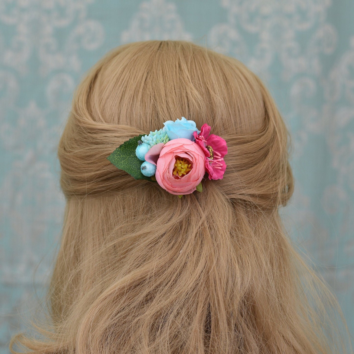 Flower Hair Clip in Pink and Blue | Silk Flower Hair Clip | Bridal Hair Clip | Bridesmaids Hair Clip | Floral Headpiece | Flower Girl