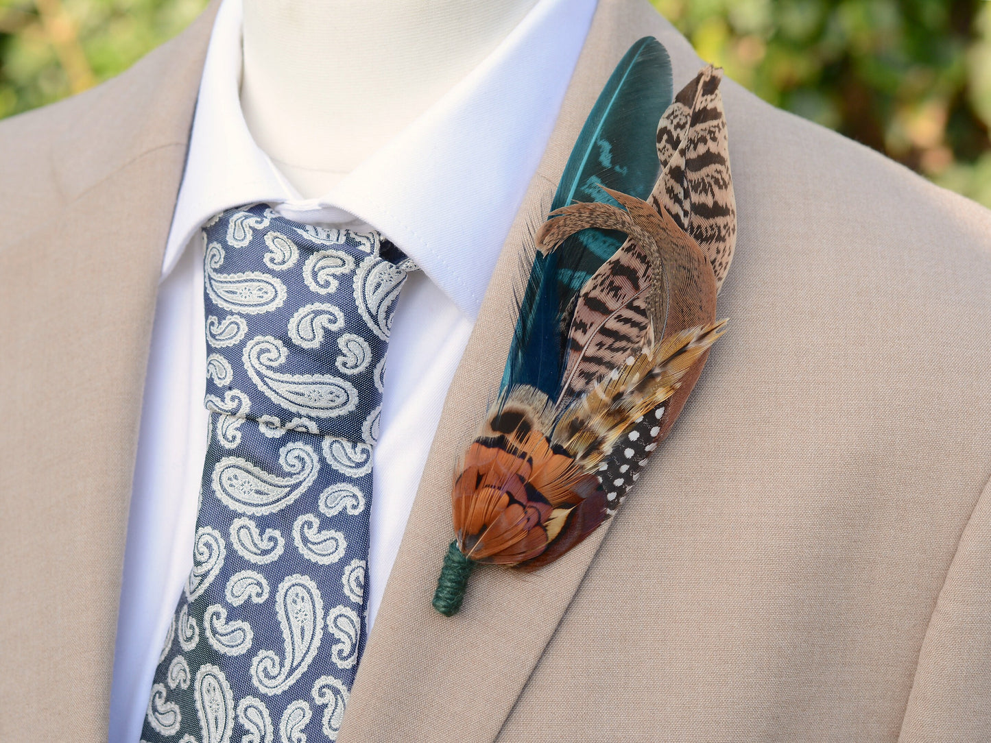 Pheasant Feather Hat Pin in Gren and Coper No.304 | Unique Pheasant Feather Boutonniere | Feather Brooch